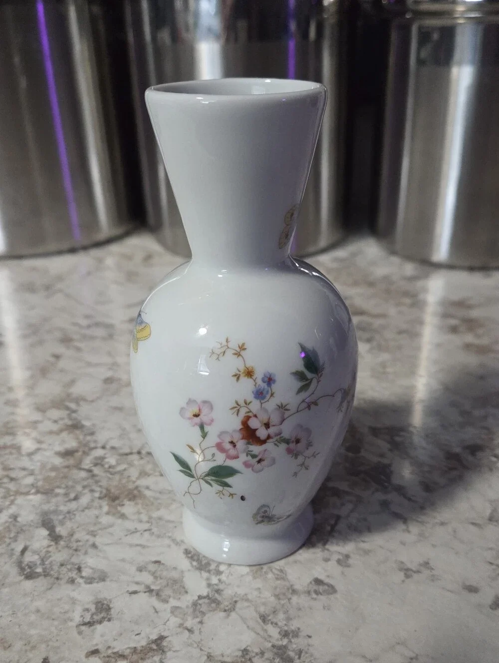 Vintage Limoges France White Porcelain Small Vase 5.5 Inches, Floral, Butterfly